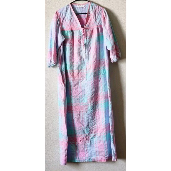 Vintage Lady Ronte Plaid Pink Green Blue Mumu House Dress Smock Women  Medium - Picture 2 of 8